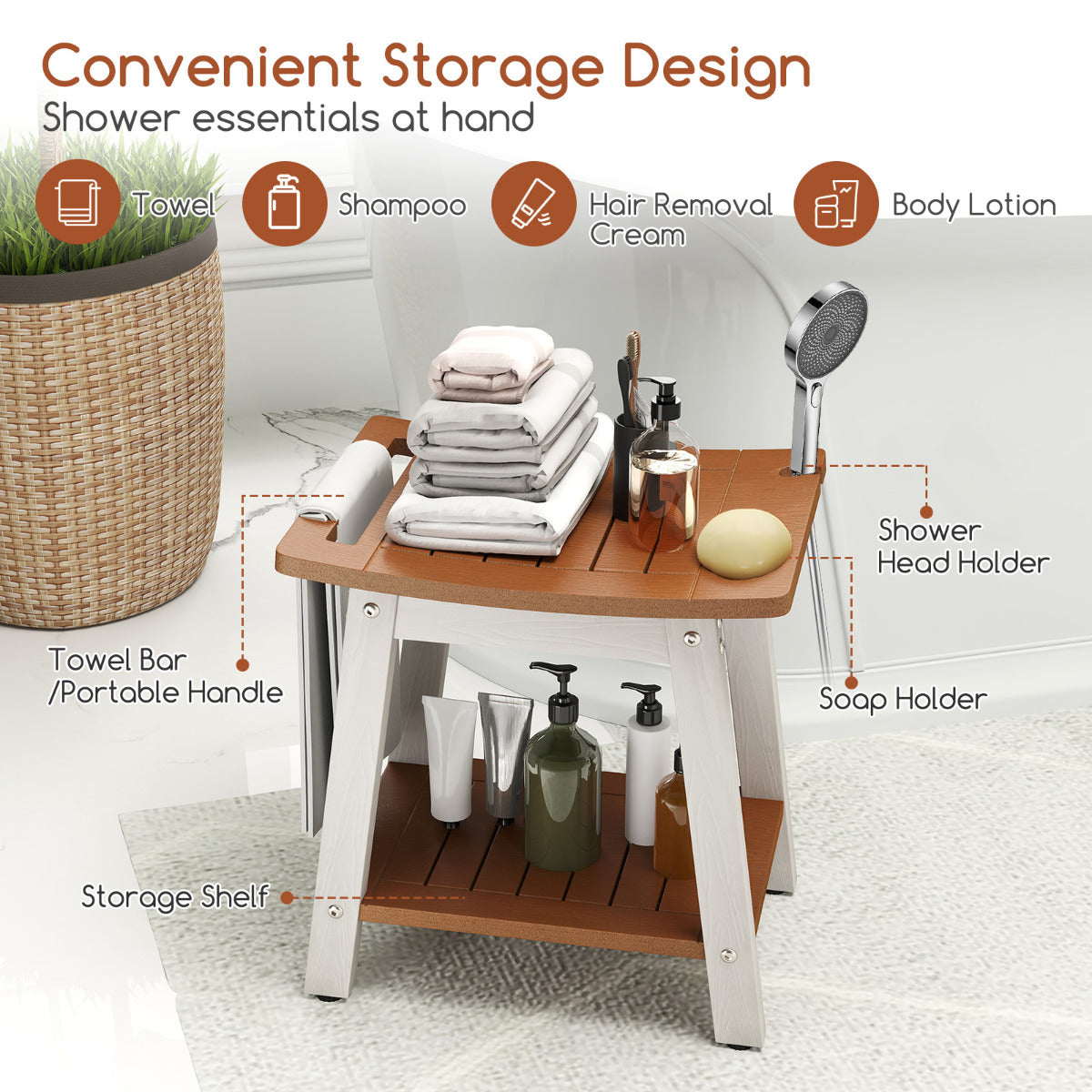 Shower Bench Seat with Handle and Storage Shelf-Brown