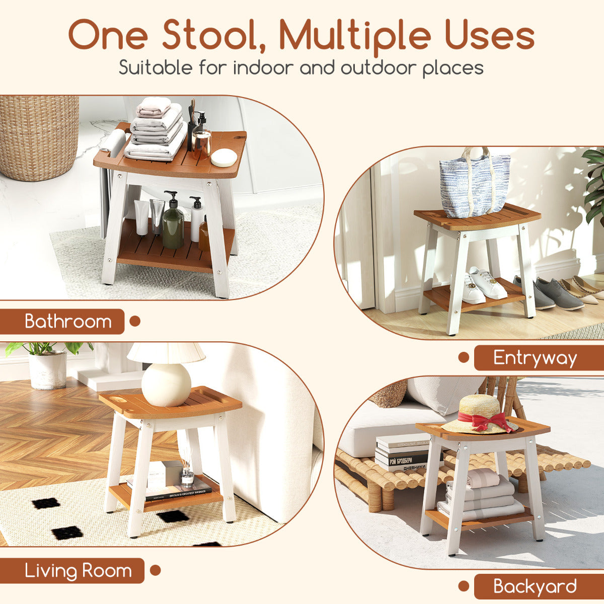 Shower Bench Seat with Handle and Storage Shelf-Brown