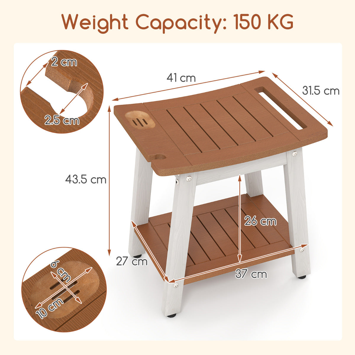 Shower Bench Seat with Handle and Storage Shelf-Brown