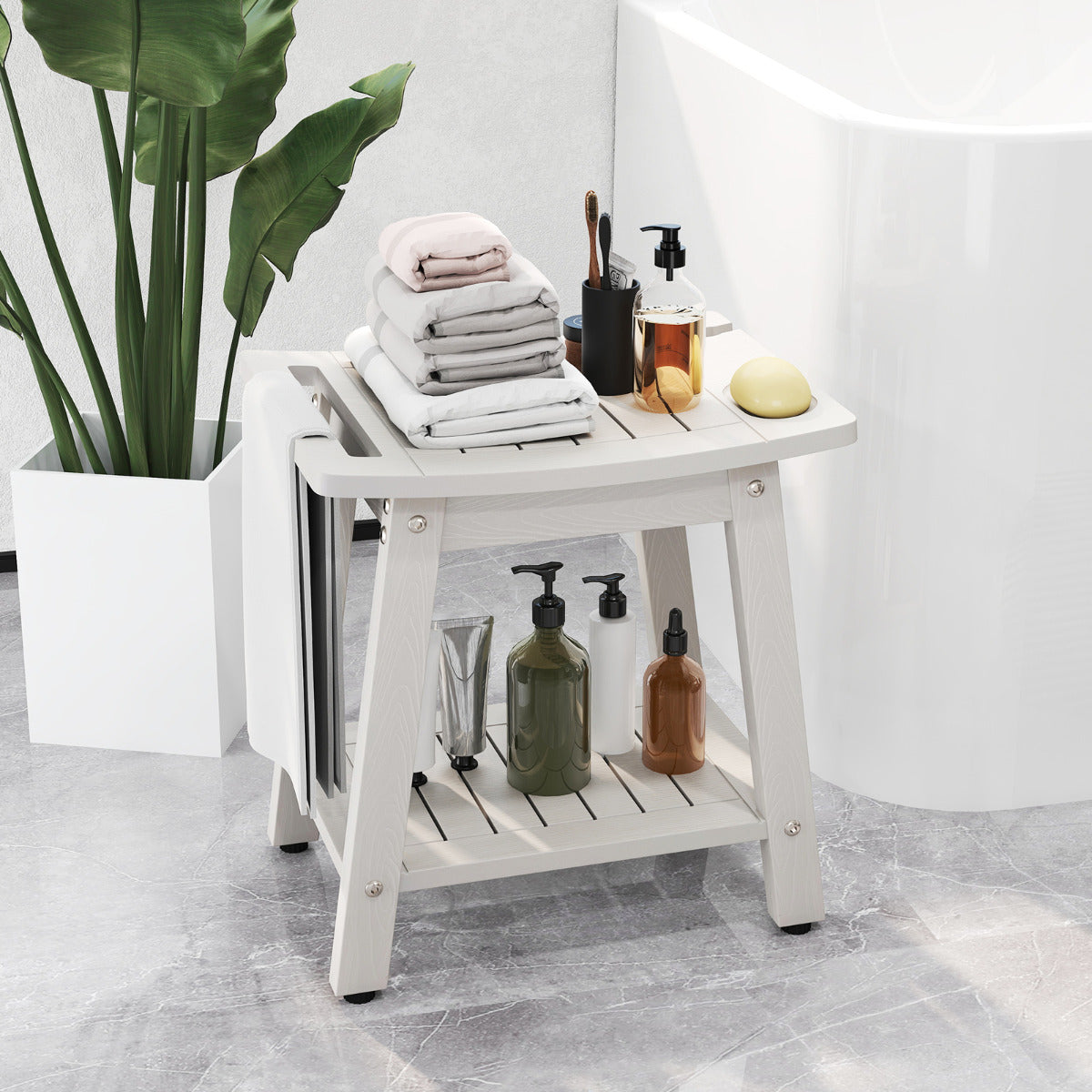 Shower Bench Seat with Handle and Storage Shelf-White