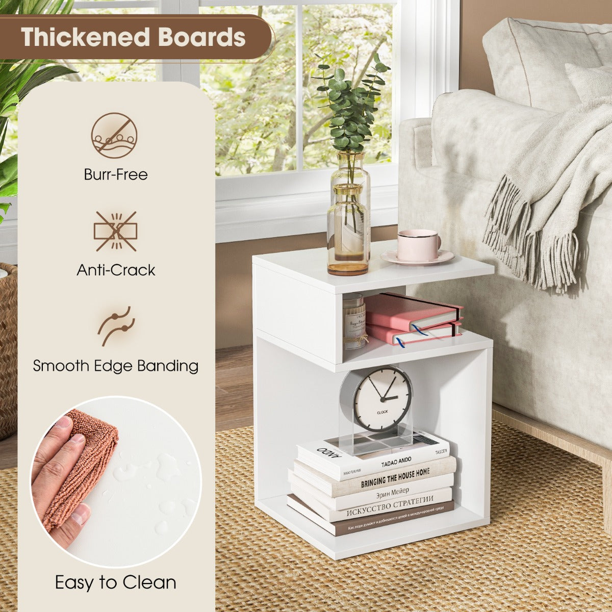 Costway S-Shaped Side Table for Small Space with 2 Open Compartments