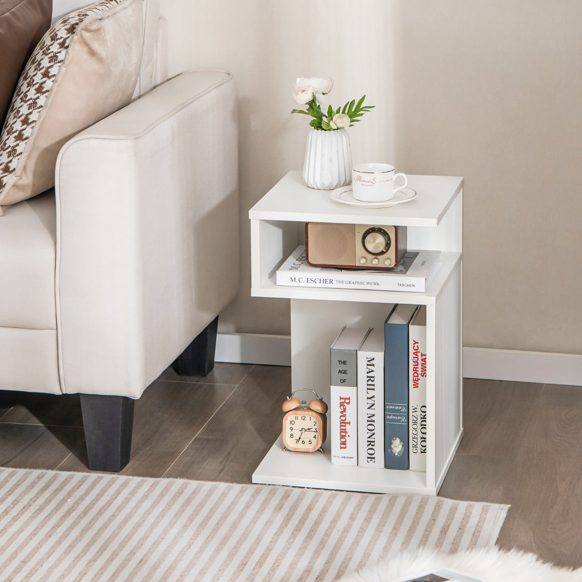 Costway S-Shaped Side Table for Small Space with 2 Open Compartments