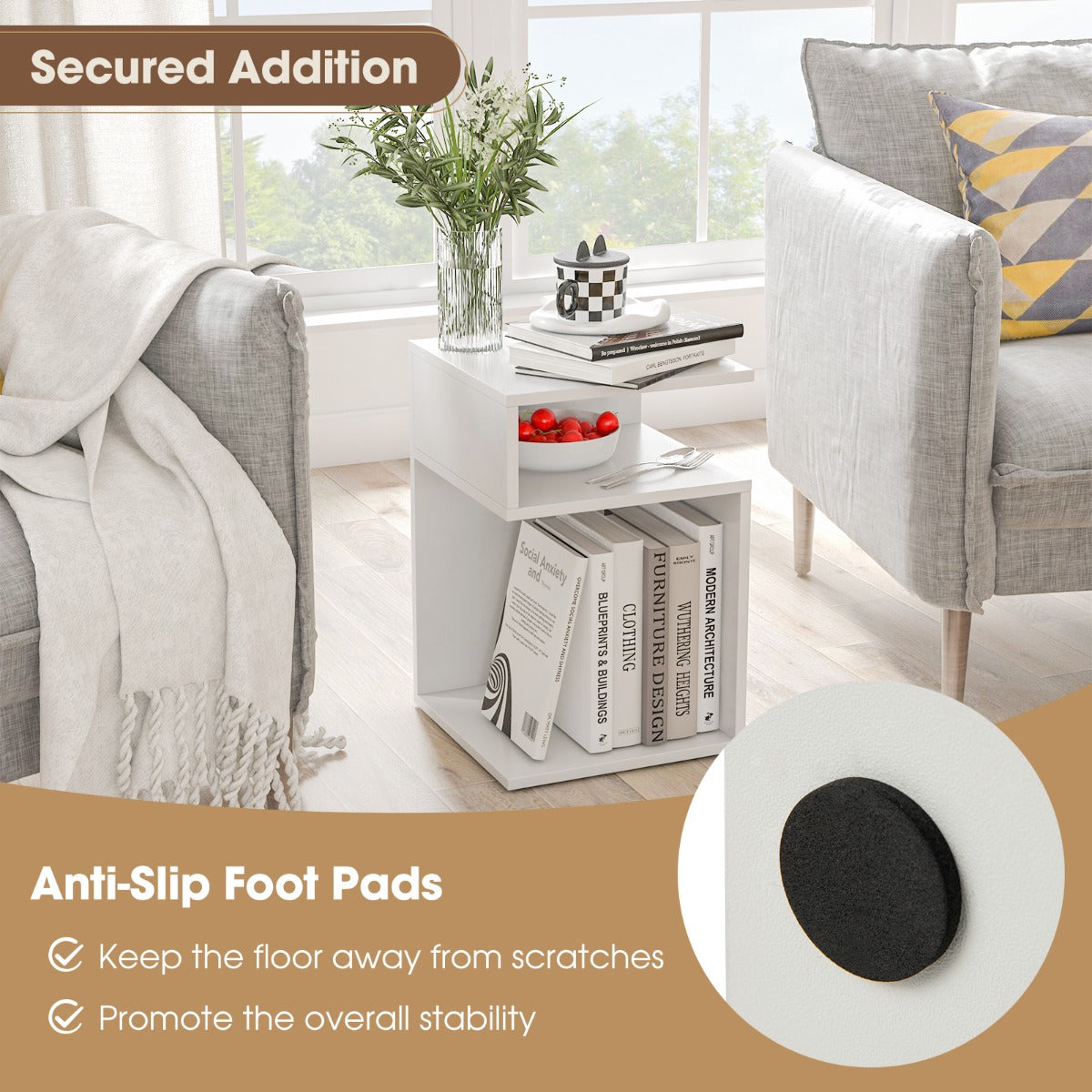 Costway S-Shaped Side Table for Small Space with 2 Open Compartments