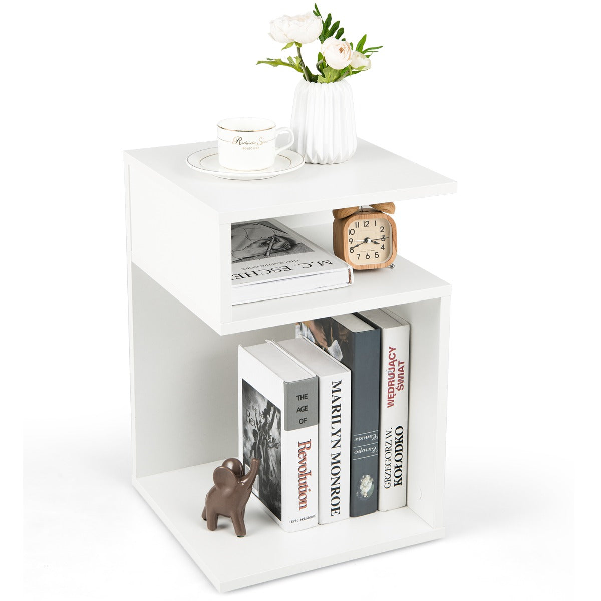 Costway S-Shaped Side Table for Small Space with 2 Open Compartments