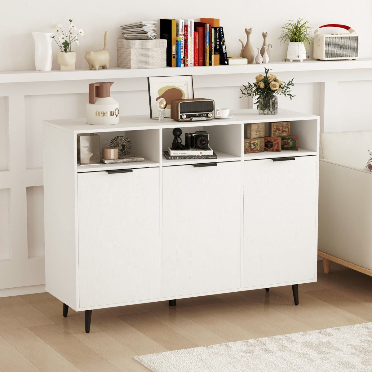 Sideboard Buffet Cabinet with 5-Position Adjustable Shelves and 3 Open Compartments-White