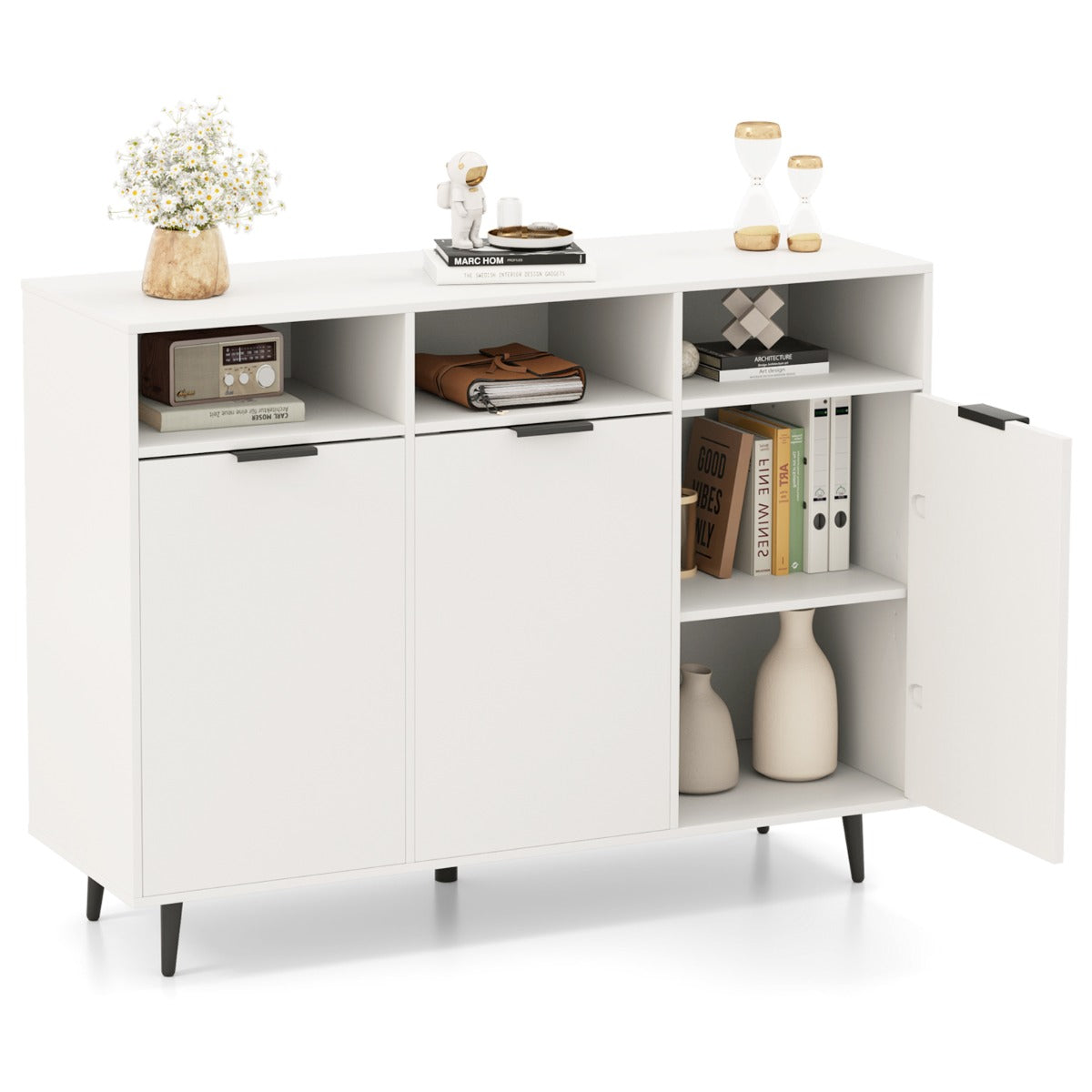 Sideboard Buffet Cabinet with 5-Position Adjustable Shelves and 3 Open Compartments-White
