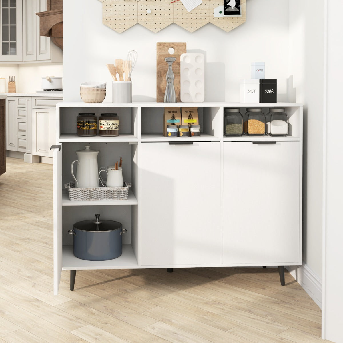 Sideboard Buffet Cabinet with 5-Position Adjustable Shelves and 3 Open Compartments-White