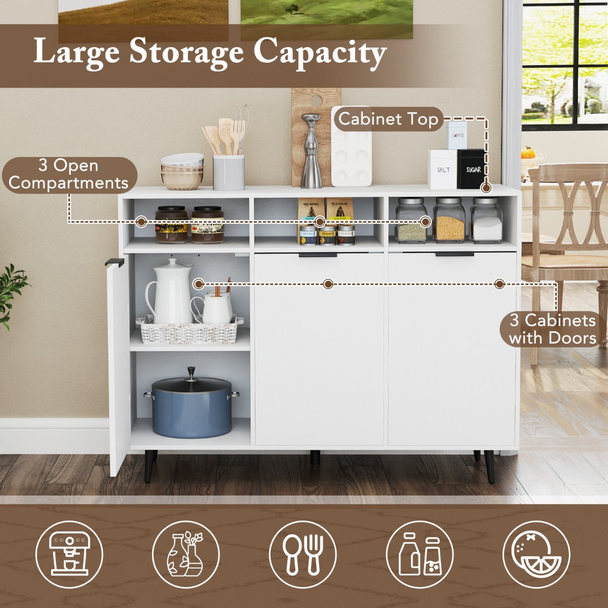 Sideboard Buffet Cabinet with 5-Position Adjustable Shelves and 3 Open Compartments-White
