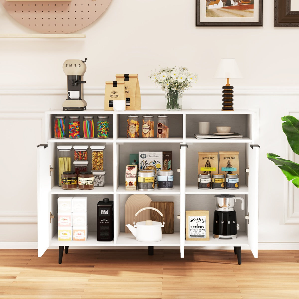 Sideboard Buffet Cabinet with 5-Position Adjustable Shelves and 3 Open Compartments-White