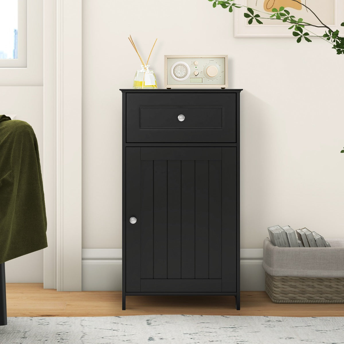 Single Door Bathroom Cabinet with Adjustable Shelf and Anti-tipping Device-Black