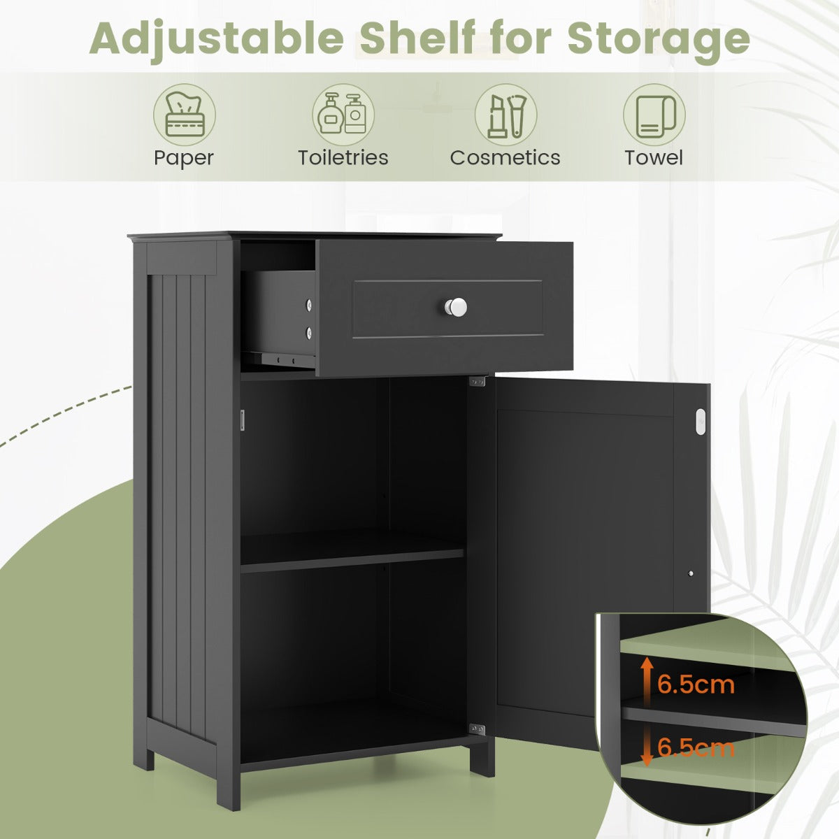 Single Door Bathroom Cabinet with Adjustable Shelf and Anti-tipping Device-Black