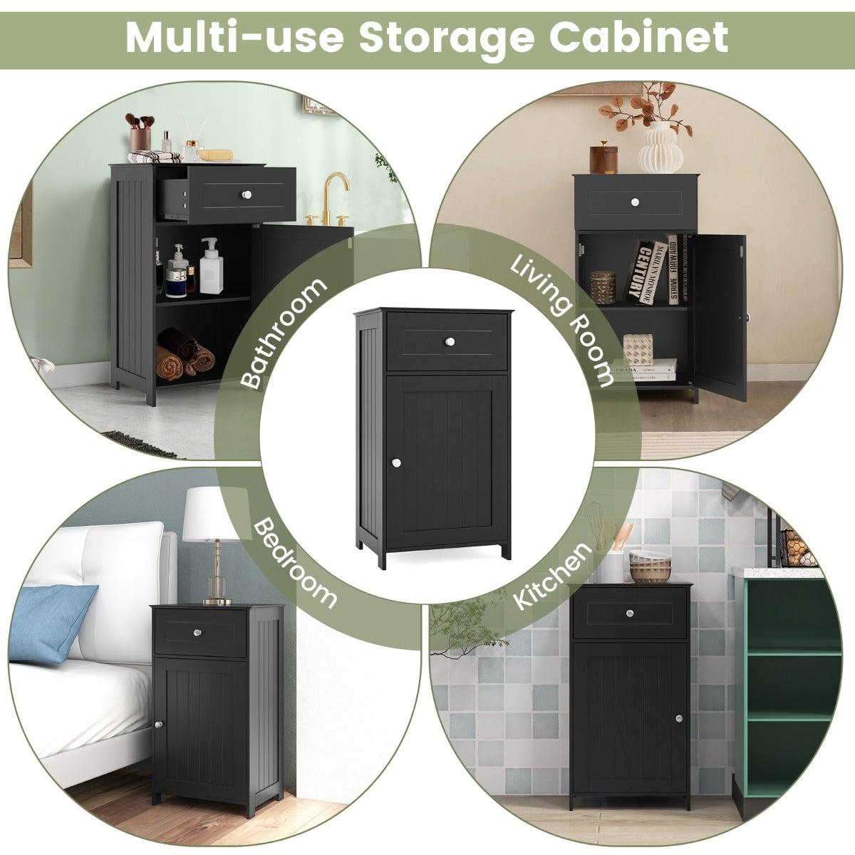 Single Door Bathroom Cabinet with Adjustable Shelf and Anti-tipping Device-Black