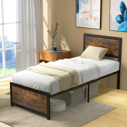 Costway Single Size Bed Frame Metal Platform Bed Base with Headboard-Single
