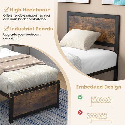 Costway Single Size Bed Frame Metal Platform Bed Base with Headboard-Single