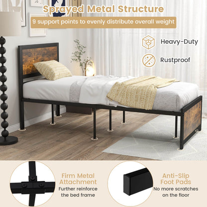 Costway Single Size Bed Frame Metal Platform Bed Base with Headboard-Single