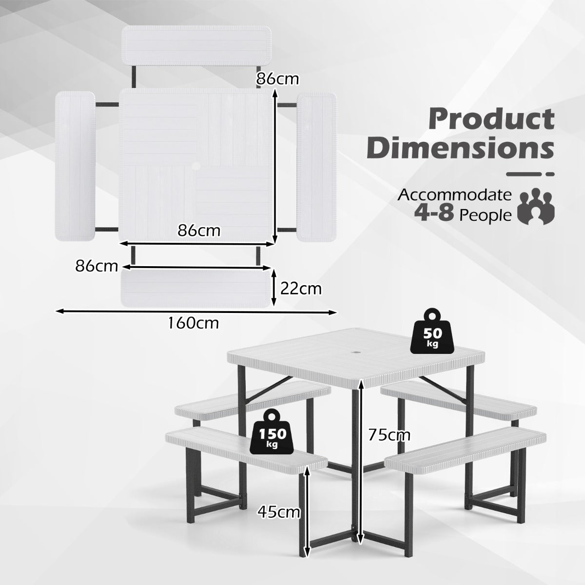 Picnic Table Bench Set Outdoor Square Camping Dining Table-White