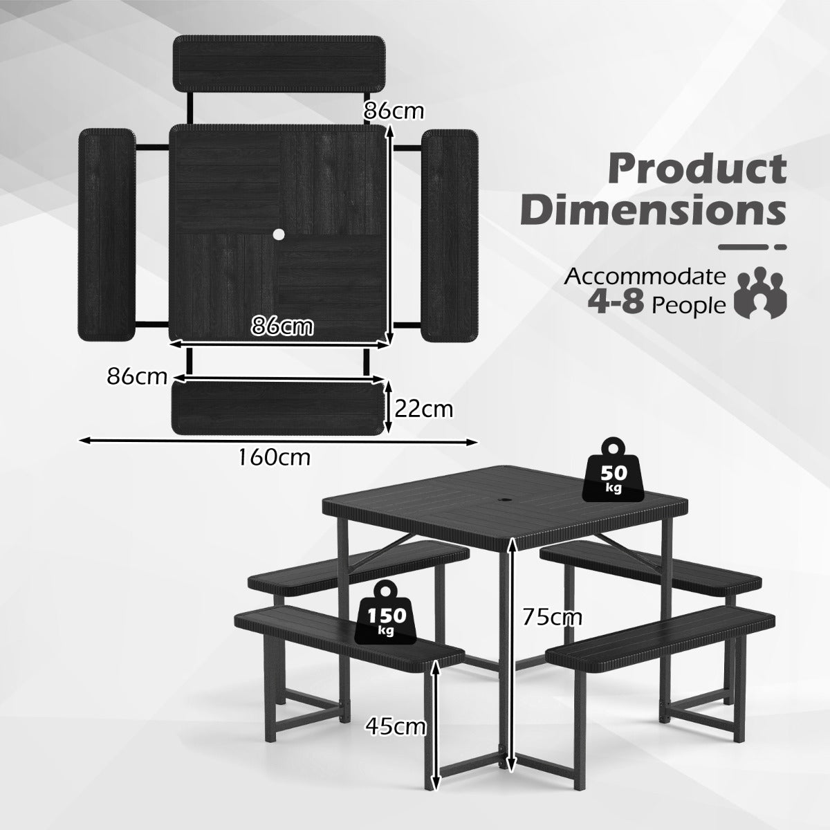 Picnic Table Bench Set Outdoor Square Camping Dining Table-Black