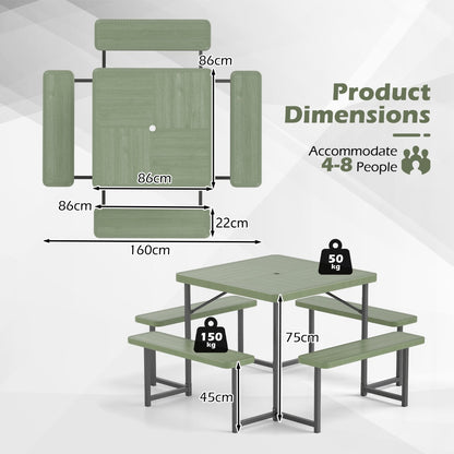 Picnic Table Bench Set Outdoor Square Camping Dining Table-Green