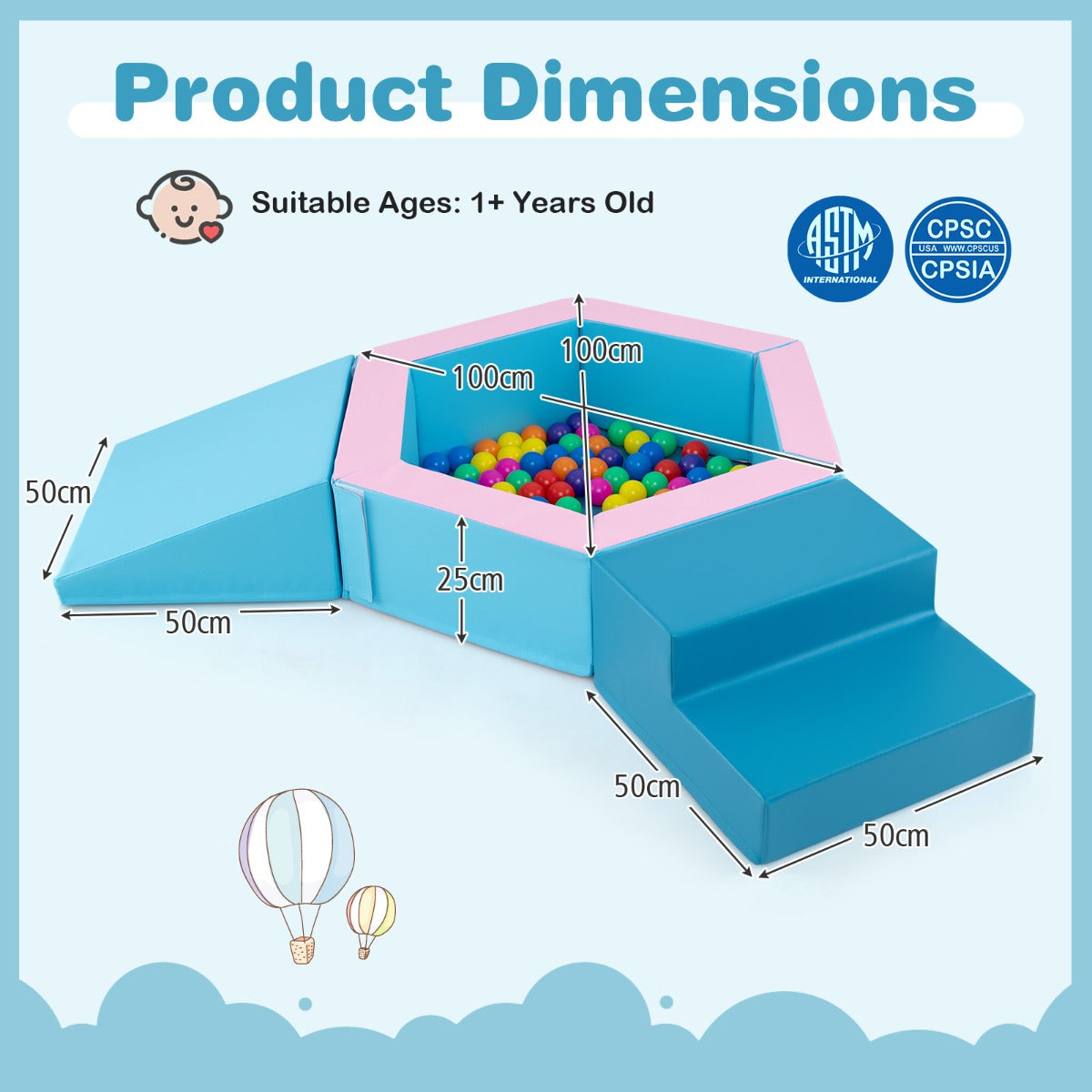 3-Piece Baby Foam Climbing Blocks with Ball Pit and 100 Colorful Ocean Balls-Blue