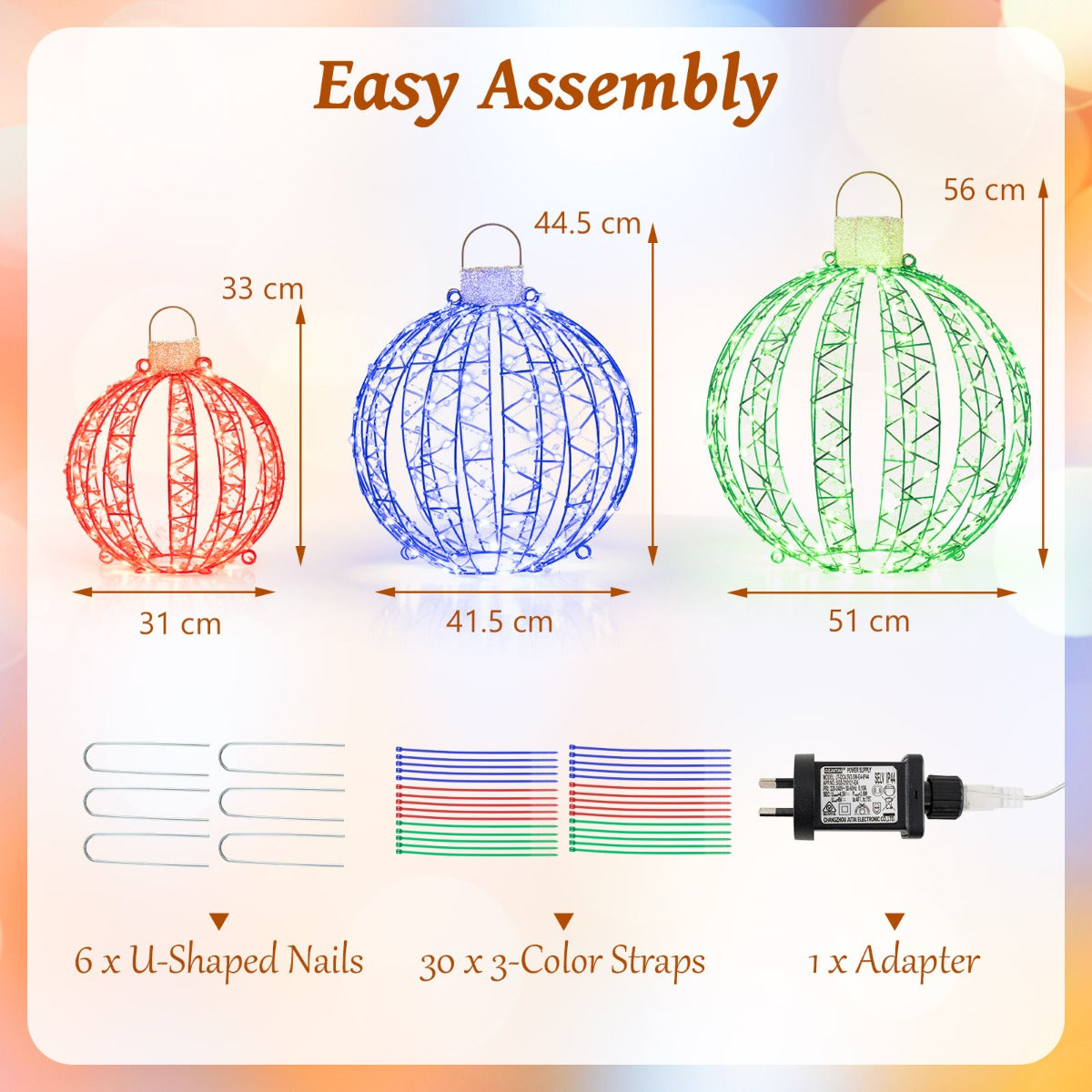 3-pack Christmas light balls with flashing LED bulbs create a colorful holiday atmosphere indoors or outdoors