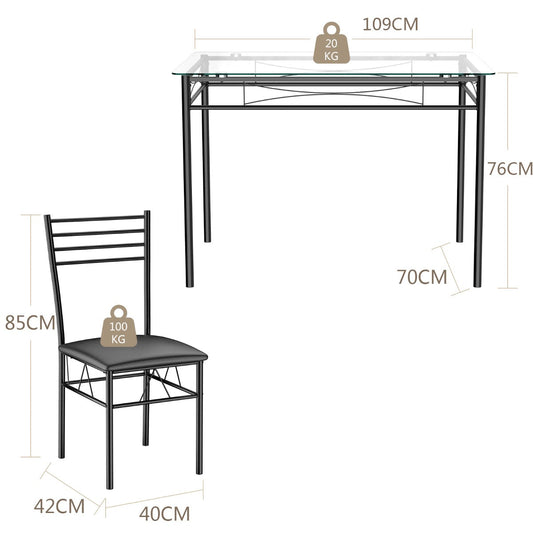 Modern 5-piece dining table set with tempered glass top and four black PU leather chairs