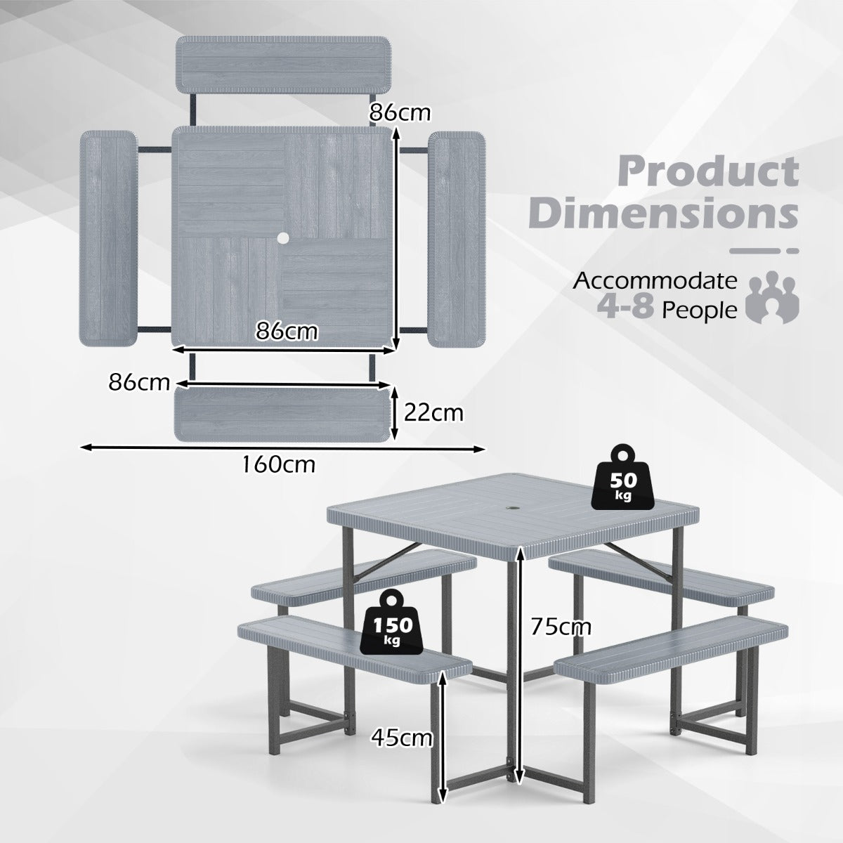 Picnic Table Bench Set Outdoor Square Camping Dining Table-Grey