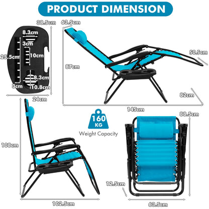 Patio Zero Gravity Lounge Chair with Cup Holder & Removable Pillow-Blue-2 pieces