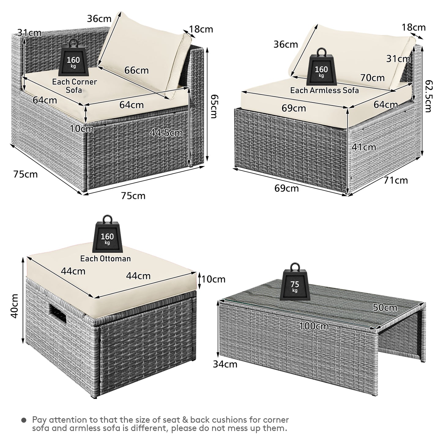 8-Piece Outdoor Grey PE Rattan Conversation Set with Washable Cushion Covers-White