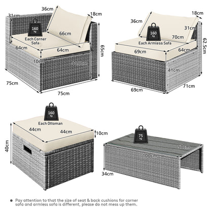 8-Piece Outdoor Grey PE Rattan Conversation Set with Washable Cushion Covers-White
