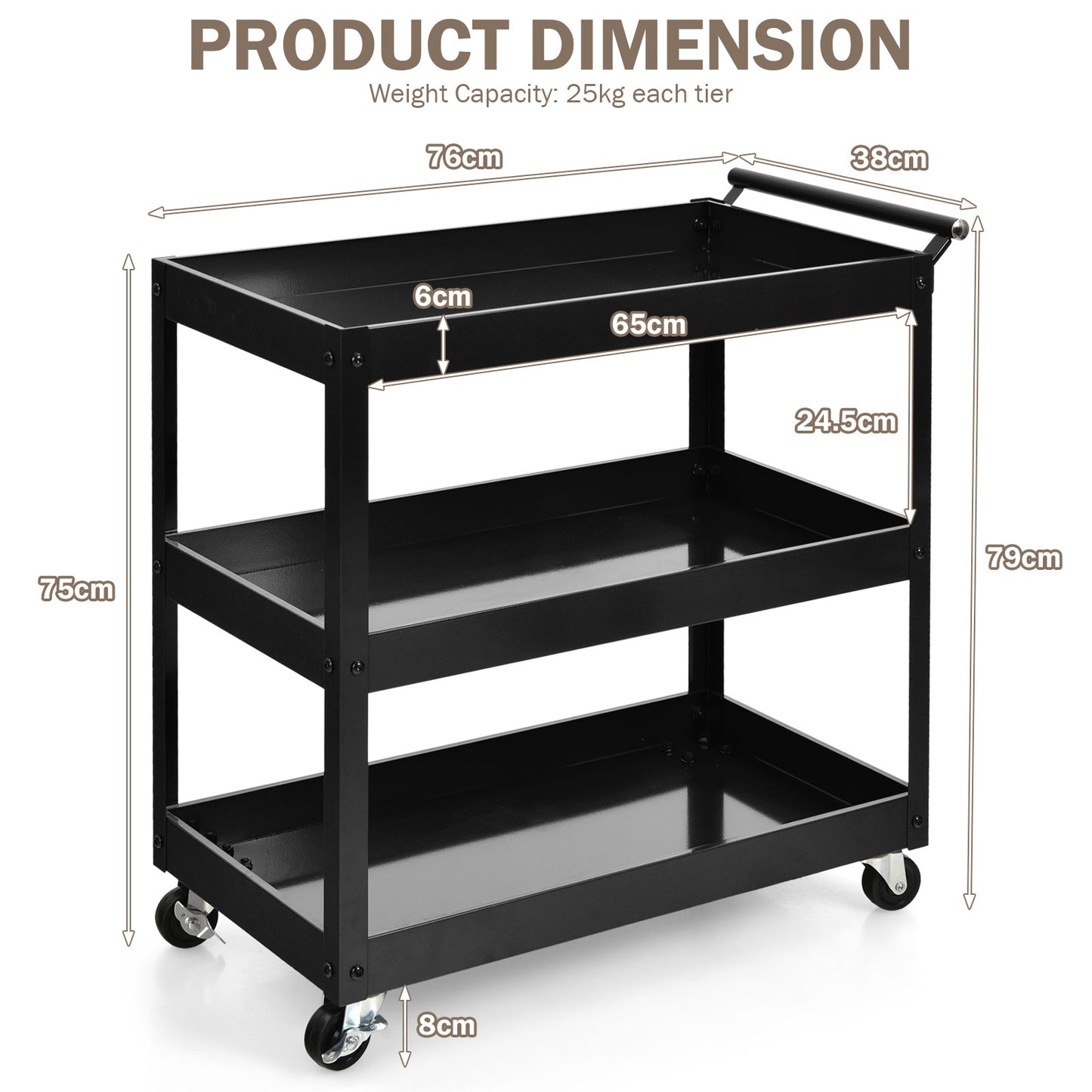 3-Tier Utility Cart with Humanized Handle for Office, Kitchen-Black