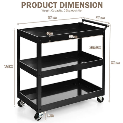 3-Tier Utility Cart with Humanized Handle for Office, Kitchen-Black
