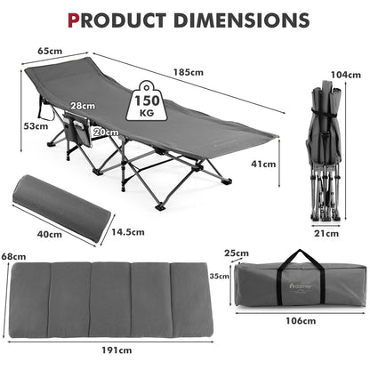 Folding Travel Camping Cot with Carry Bag, Removable Mattress &amp; Pillow-Grey