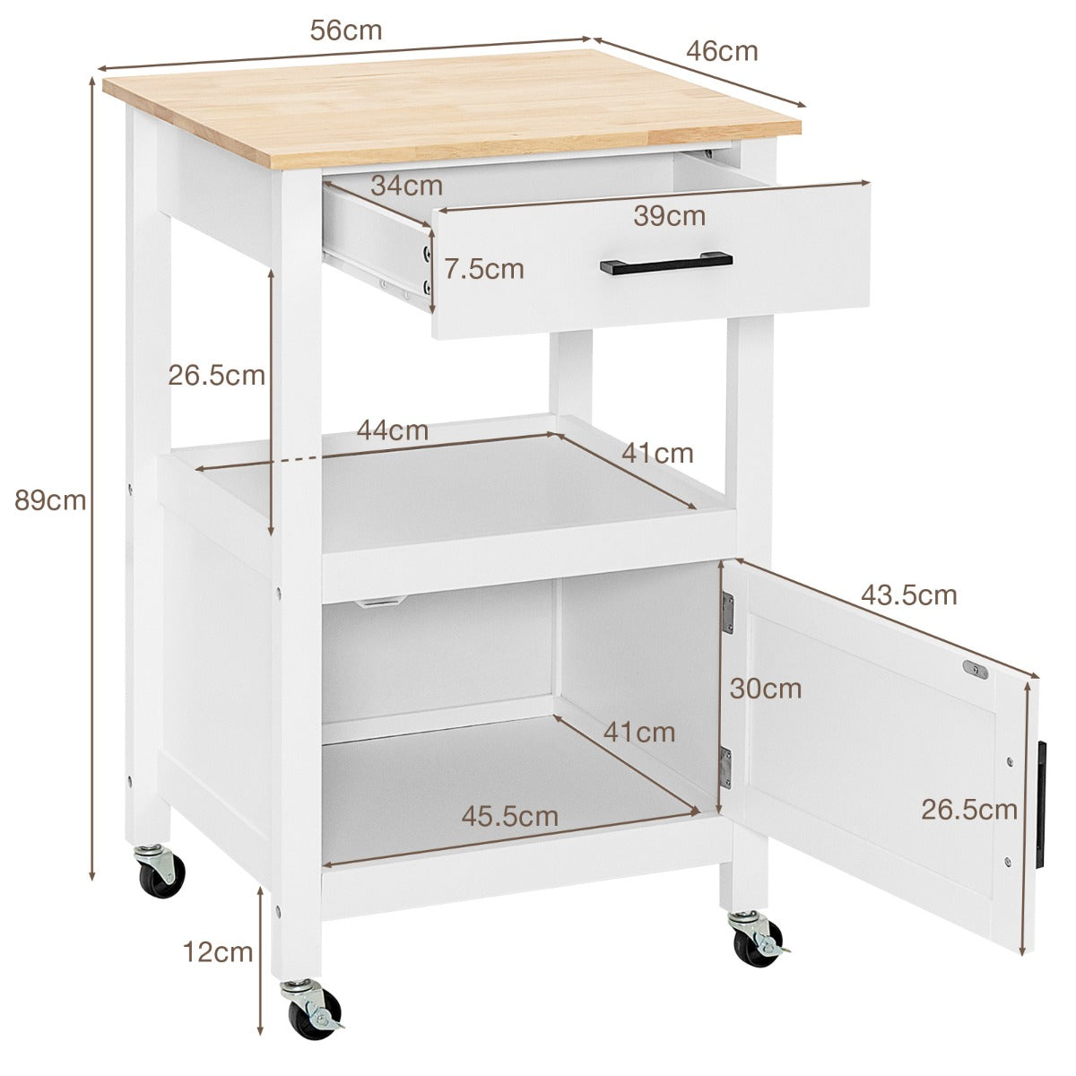 Kitchen Island Cart with 4 Flexible Universal Wheels White