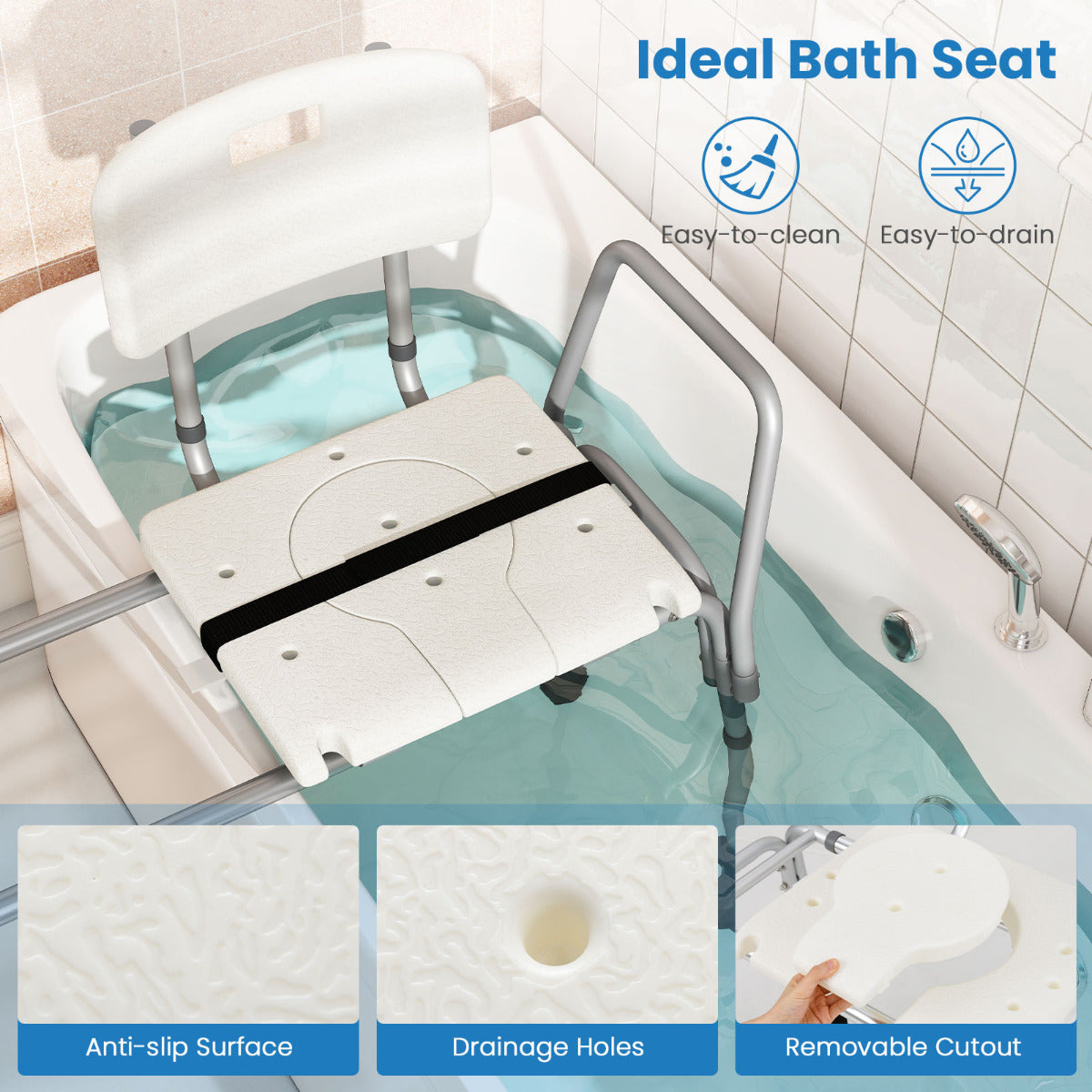 Sliding Tub Transfer Bench with Extra-Wide Seat and Backrest