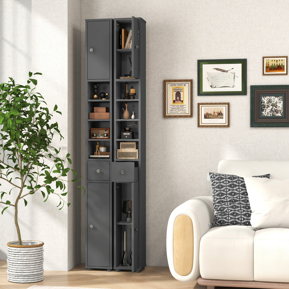 Slim Bathroom Tall Cabinet with 2 Doors 1 Drawer and 5 Shelves-Grey