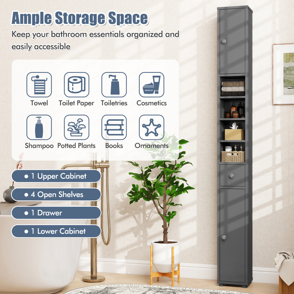 Slim Bathroom Tall Cabinet with 2 Doors 1 Drawer and 5 Shelves-Grey
