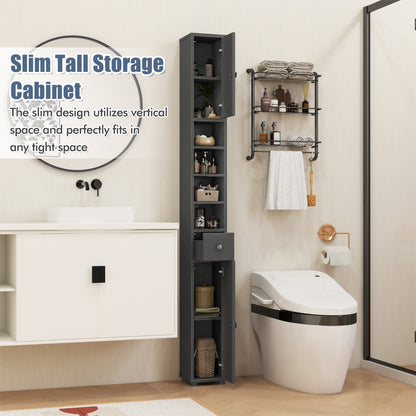 Slim Bathroom Tall Cabinet with 2 Doors 1 Drawer and 5 Shelves-Grey