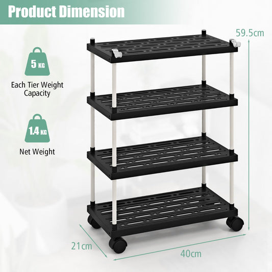 Slim four-layer storage cart provides organized space for toys, plants, snacks and supplies