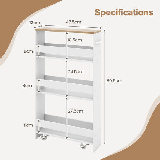 Four-tier slim rolling storage cart fits neatly into narrow gaps, corners, kitchens, and bathrooms