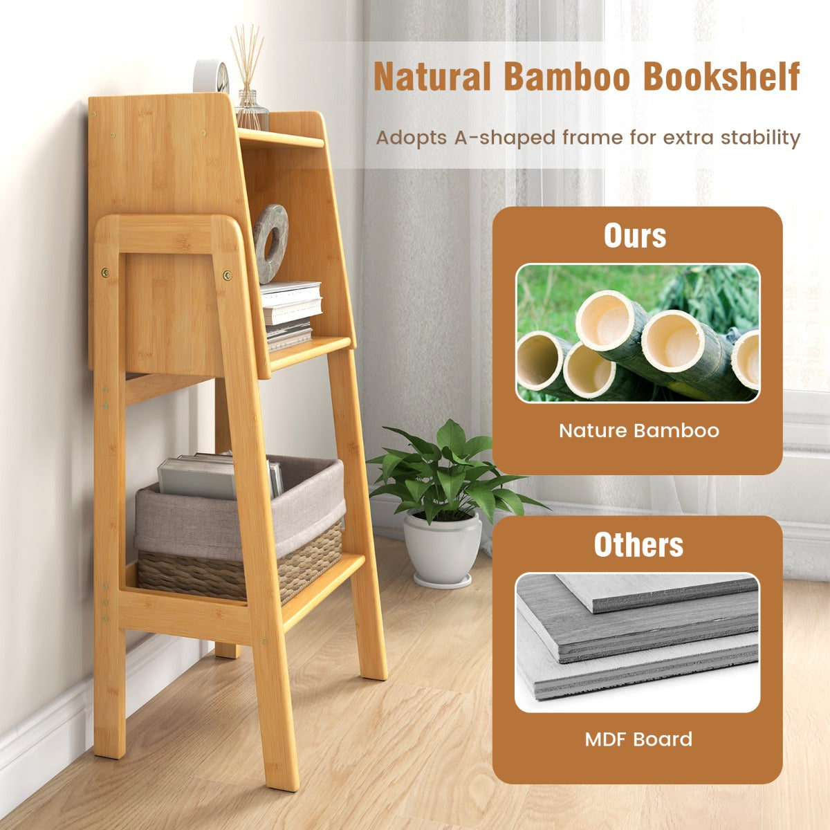 Versatile bamboo storage shelf suits living rooms, bedrooms, playrooms, kitchens, and offices