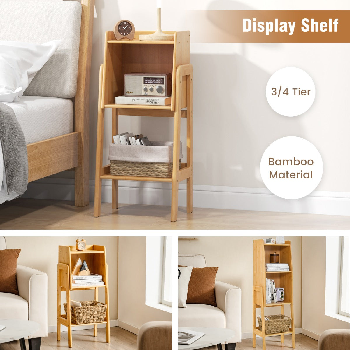Freestanding bamboo bookcase provides organized display space without taking much floor area