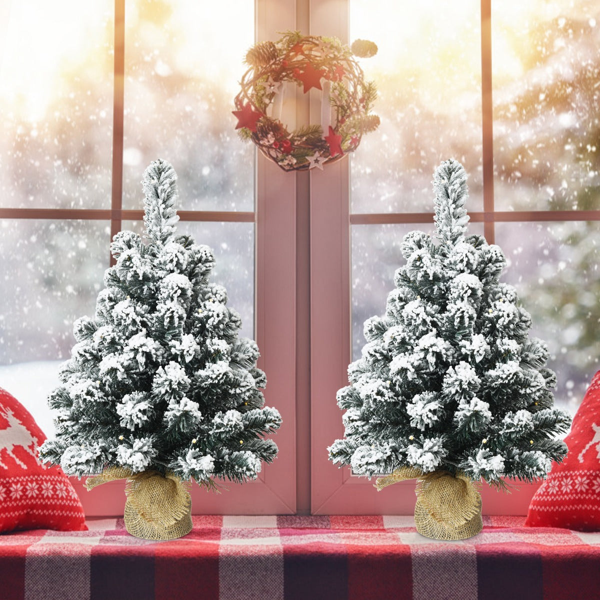 Set of 2 67cm Pre-Lit Snow Flocked Tabletop Christmas Tree