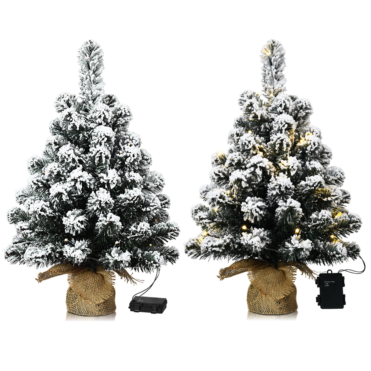Set of 2 67cm Pre-Lit Snow Flocked Tabletop Christmas Tree
