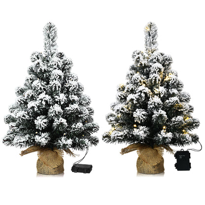 Set of 2 67cm Pre-Lit Snow Flocked Tabletop Christmas Tree