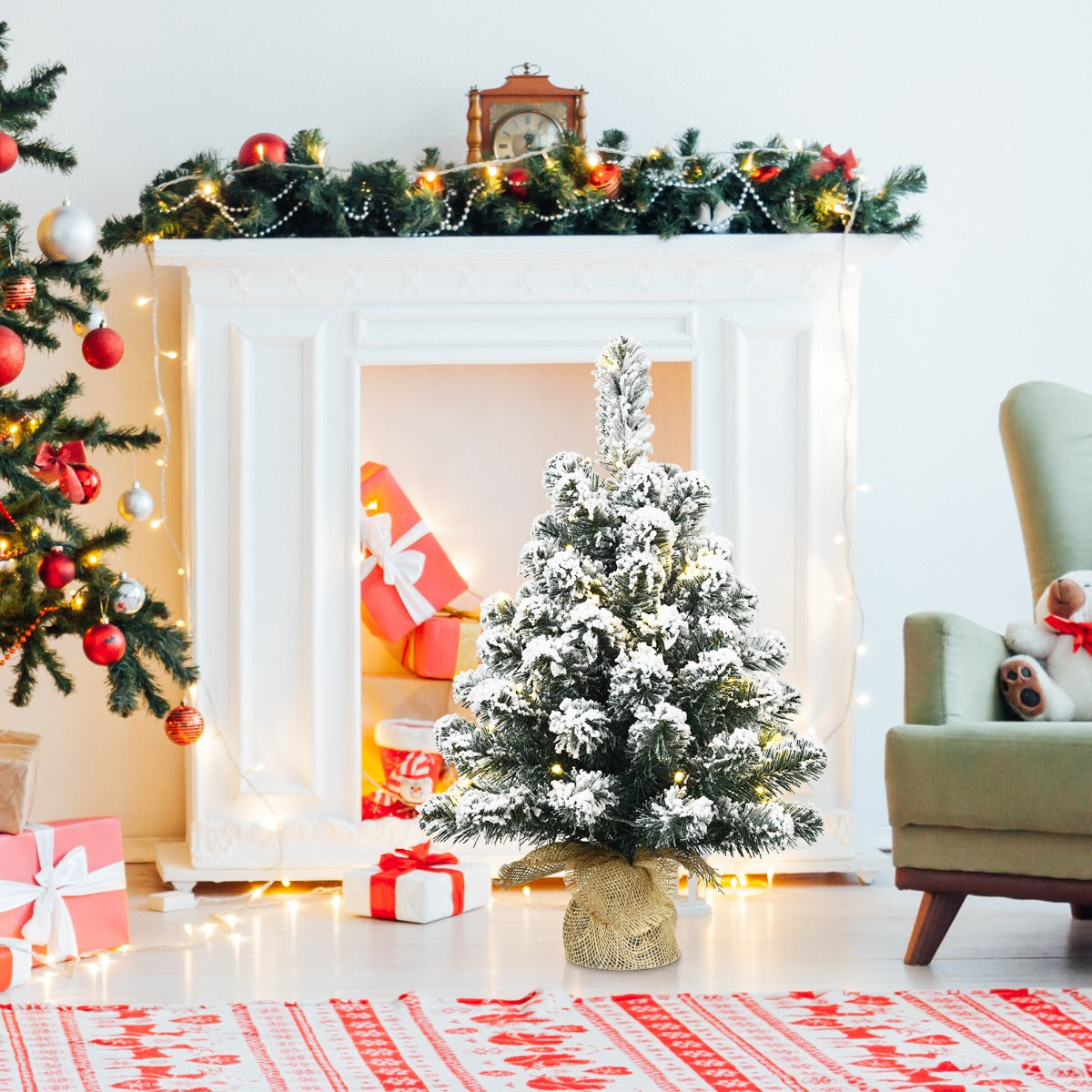 Set of 2 67cm Pre-Lit Snow Flocked Tabletop Christmas Tree