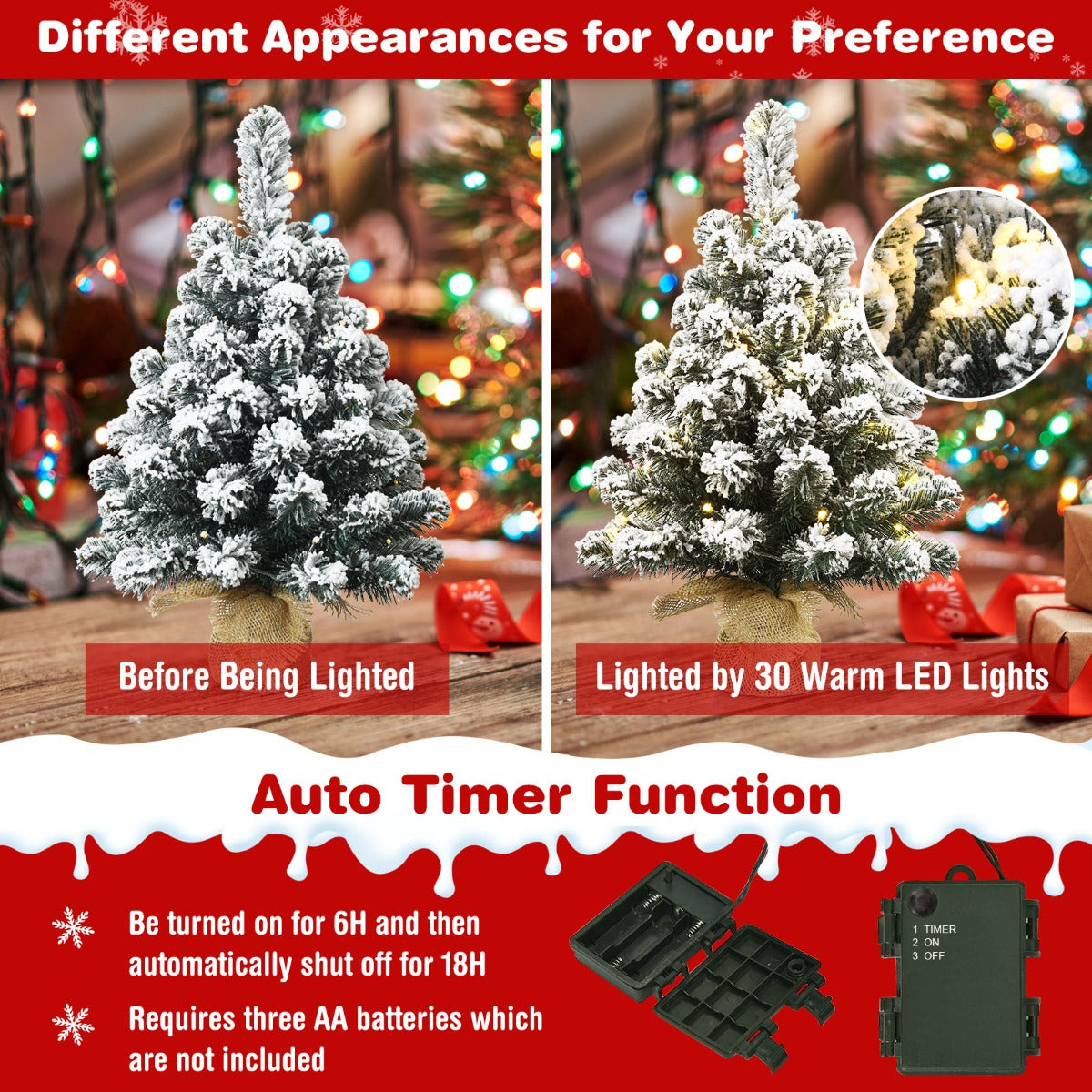 Set of 2 67cm Pre-Lit Snow Flocked Tabletop Christmas Tree