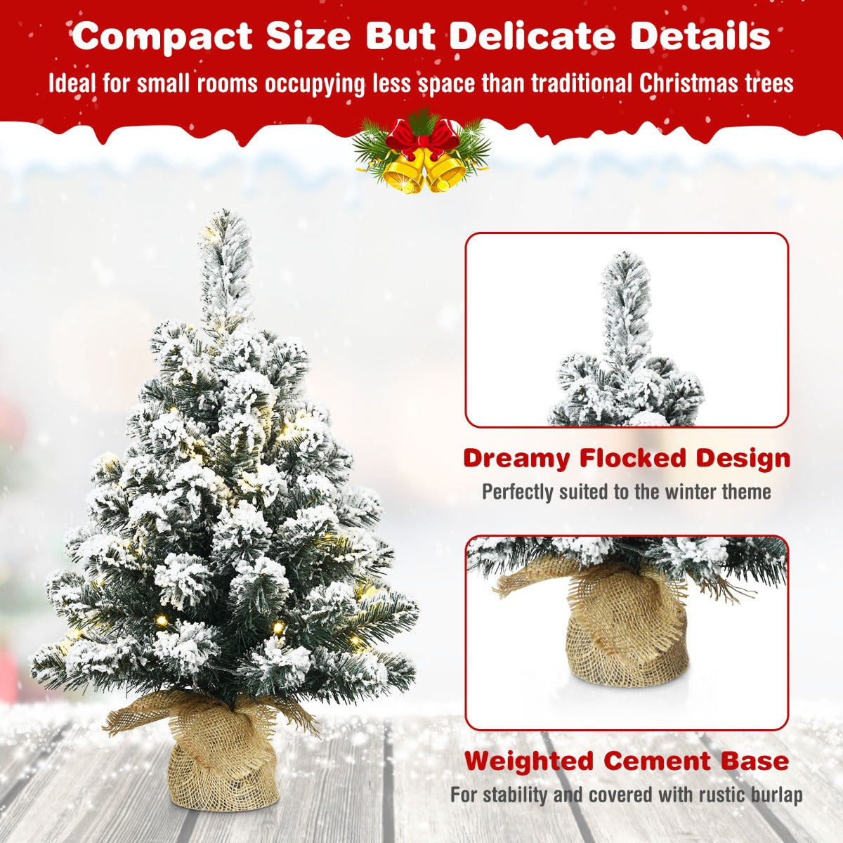 Set of 2 67cm Pre-Lit Snow Flocked Tabletop Christmas Tree