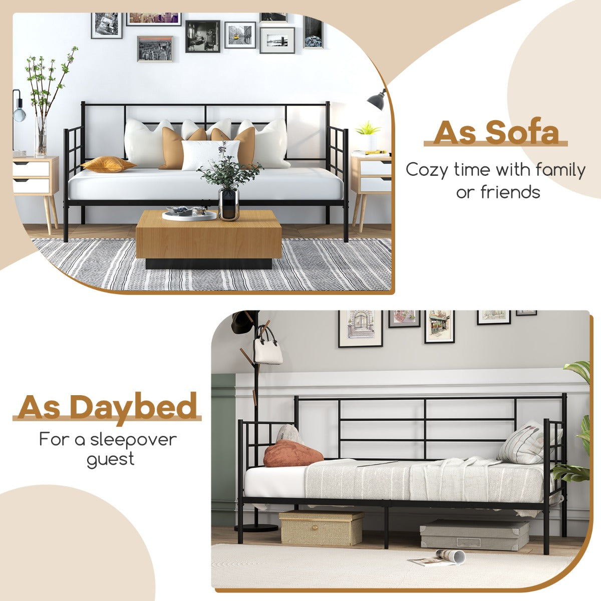 2-in-1 Sofa Bed with Arms and Metal Slat Support