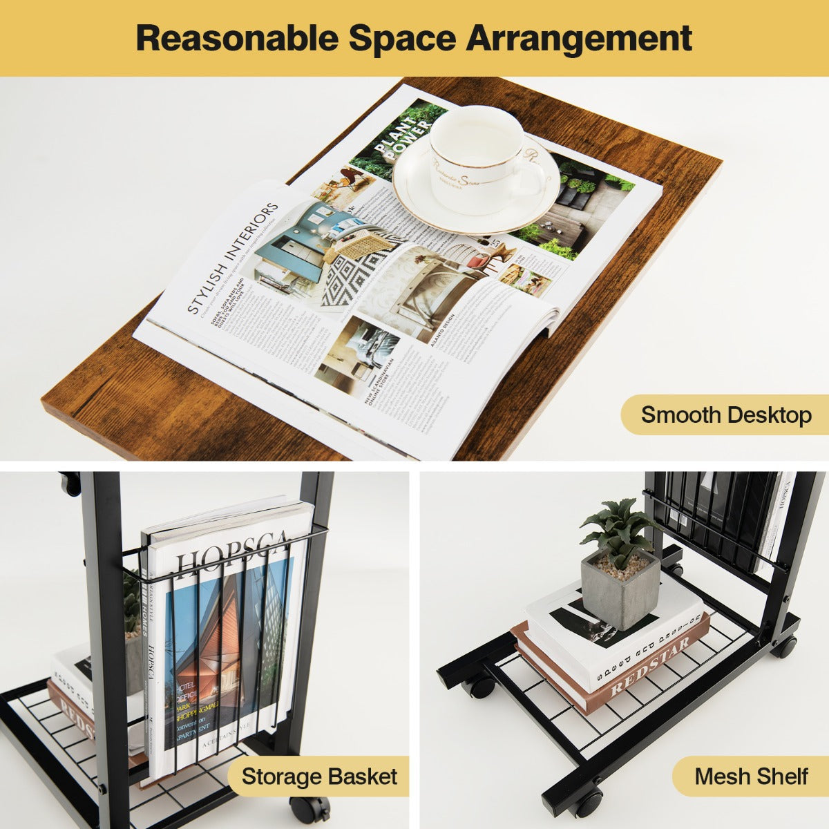 Compact rolling sofa table offers practical storage and mobility for home or office use