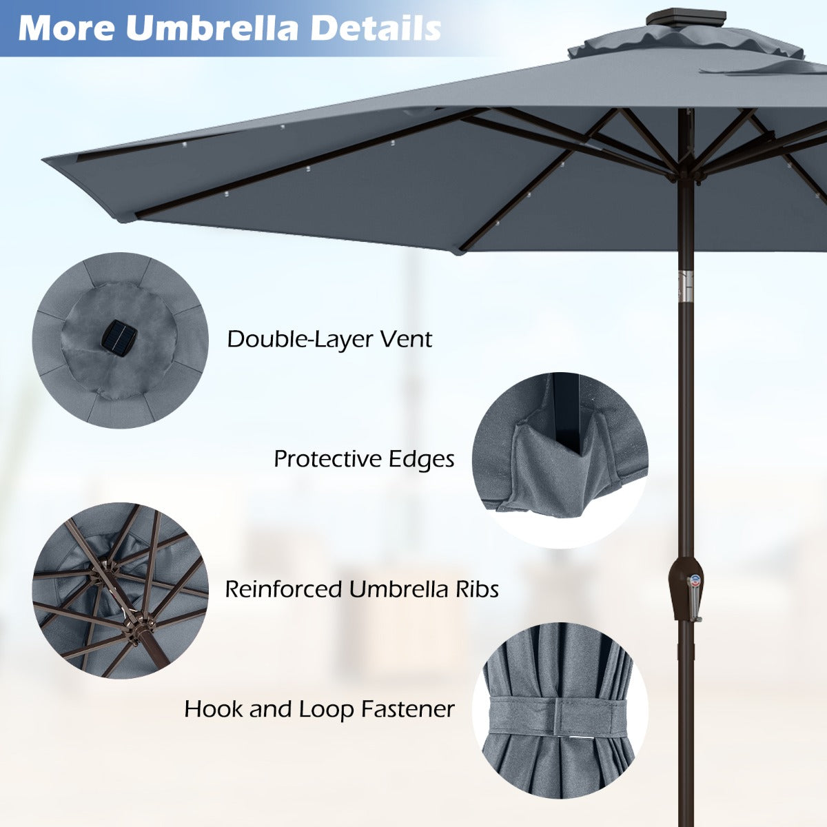 Solar Powered LED Lighted Patio Umbrella with Tilt and Crank-Grey